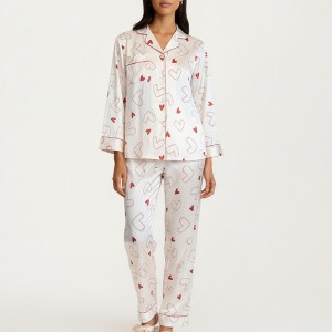 Anna-Kaci Lounge Women's 2-Piece Set Heart Print Satin Button Front Pajama Top with Contrast Piping and Matching Relaxed Fit Pants - 1 of 4