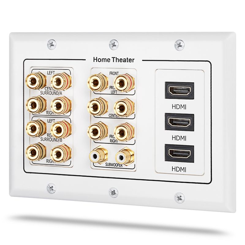 Fosmon 3-Gang 7.2 Surround Sound Distribution Wall Plate w/Gold-Plated 7-Pair Copper Binding Posts, 2 RCA Jack, 3 High Speed HDMI 2.0 Ports, 1 of 5