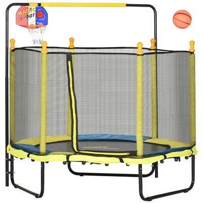 NAYSAYE Trampoline Kids Indoor Outdoor Trampoline with Basketball Hoop and Safety Net for Active Fun, Yellow, 55.00"*55.00"*12.00"