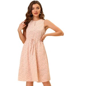 Allegra K Women's Floral Split Neck Drawstring Waist Sleeveless A-Line Summer Midi Dress - 1 of 4