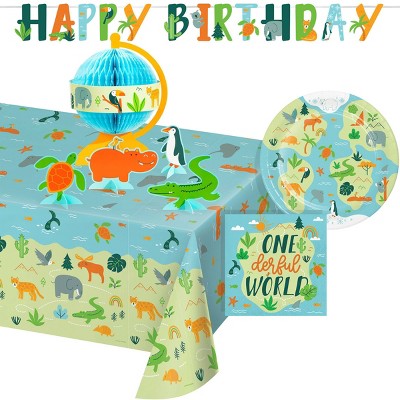 Creative Converting World Adventure Onederful World First Birthday Wildlife Animal Plates and Napkins Set 27ct