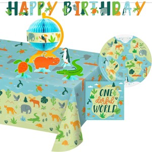 Creative Converting World Adventure Onederful World First Birthday Wildlife Animal Plates and Napkins Set 27ct - 1 of 4
