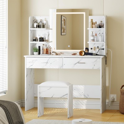 Vanity Desk with Mirror and Lights, Tri-Color LED Makeup Vanity Table with Power Outlet, 2 Drawers, 6 Shelves, Modern Bedroom for Women
