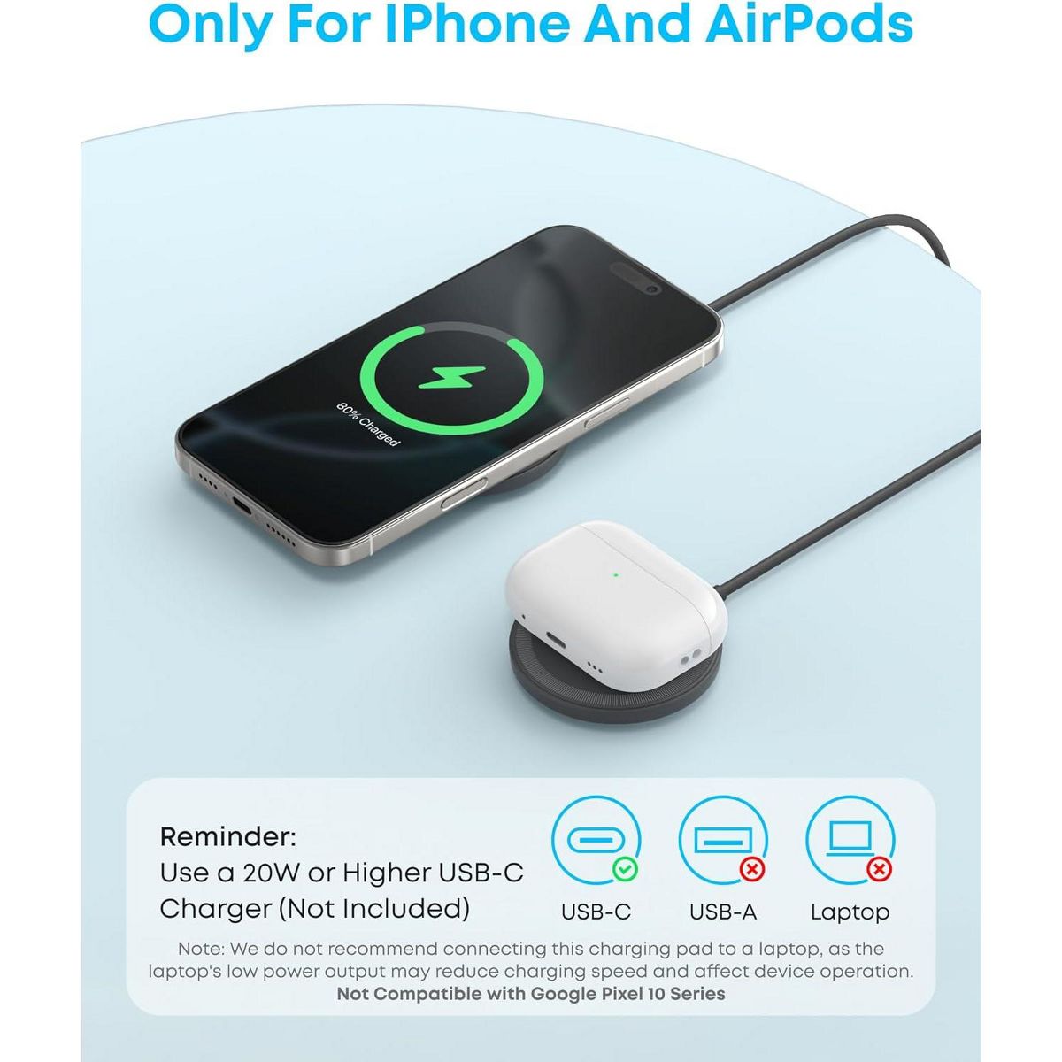 Anker Zolo Magnetic Wireless Charger, 15W MagSafe-Compatible Wireless Charging Pad, for iPhone, AirPods, and More (Black, 2 Pack) - thumbnail 6
