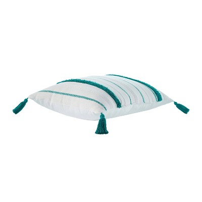 Teal and White Striped Cotton Lumbar Pillow with Tassels