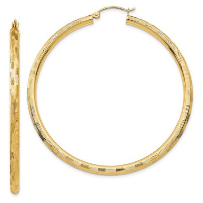 Black Bow Jewelry 3mm x 55mm 14k Yellow Gold Textured Round Hoop Earrings