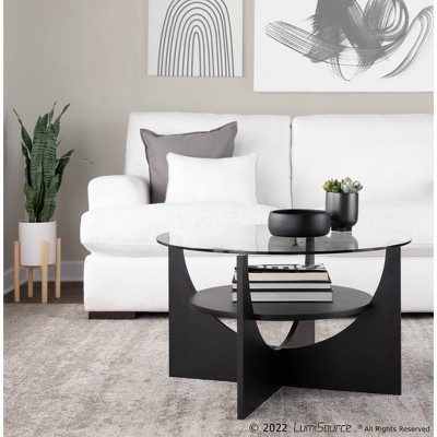 34" Circular Black Wood & Clear Glass Coffee Table with Storage Shelf