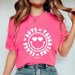 S.W.Smiley Peace Love Valentine Smiley - Women's Garment Dyed Graphic T-Shirt - 1 of 4