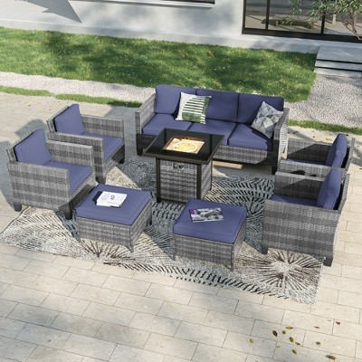 Sonkuki 8 Pieces Patio Sofa with Square Fire Pit Table and Ottomans, Wicker Conversation Couch, Light Gray Cushion
