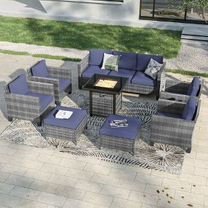 Sonkuki 8 Pieces Patio Sofa with Square Fire Pit Table and Ottomans, Wicker Conversation Couch, Light Gray Cushion - 1 of 4