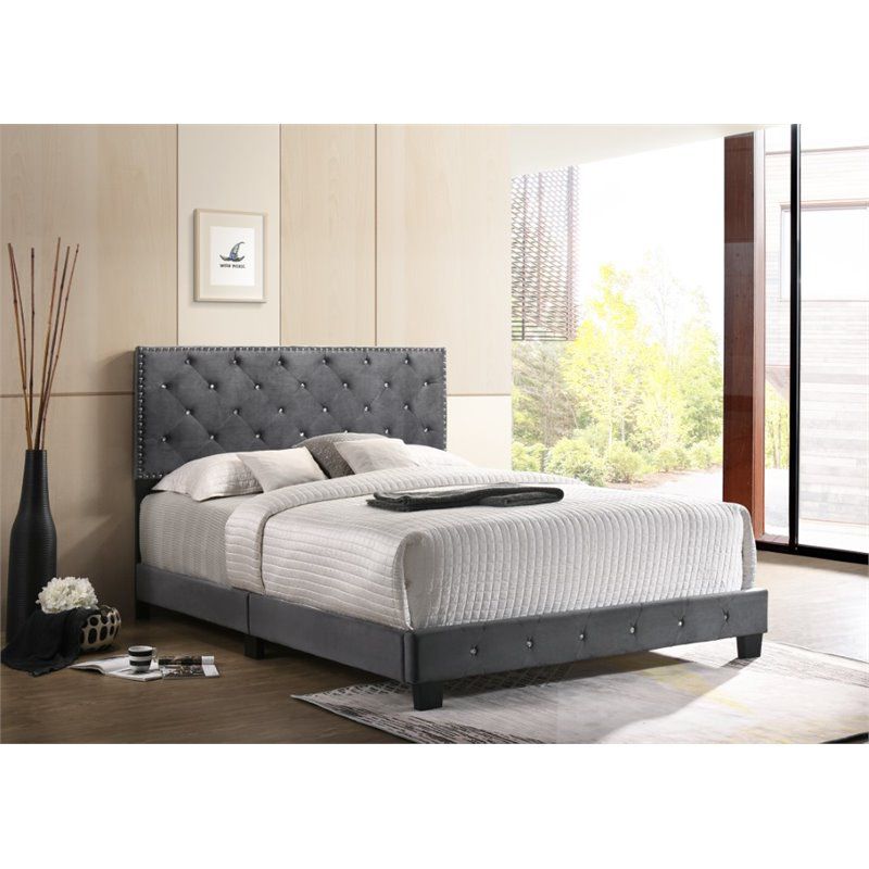 Glory Furniture Suffolk Velvet Upholstered Queen Bed in Gray, 2 of 7