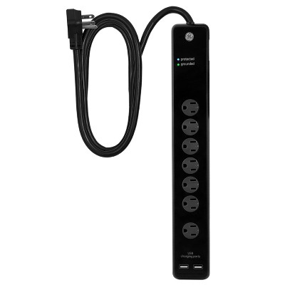 GE 7 Outlet Surge Protector Power Strip 4' Cord: Black, Circuit Breaker, USB Port, 1500 Joules, UL Listed