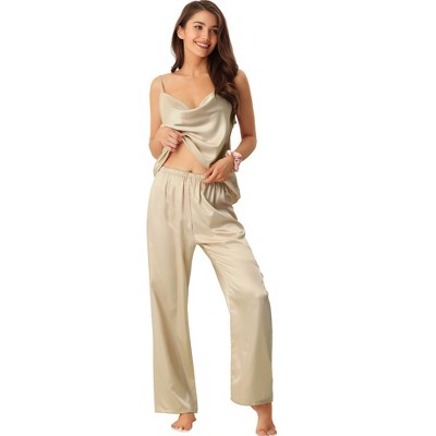 cheibear Women's Satin Cowl Neck Cami Top with Long Pant PJ Loungewear Silky Pajama Set
