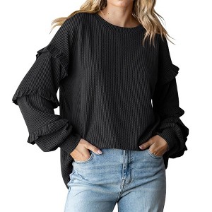 Women's Crew Neck Long Sleeve Blouse Lightweight Loose Fit Tunics Ruffles Ribbed Knit Solid Color Tops Fall Tee Shirts - 1 of 4