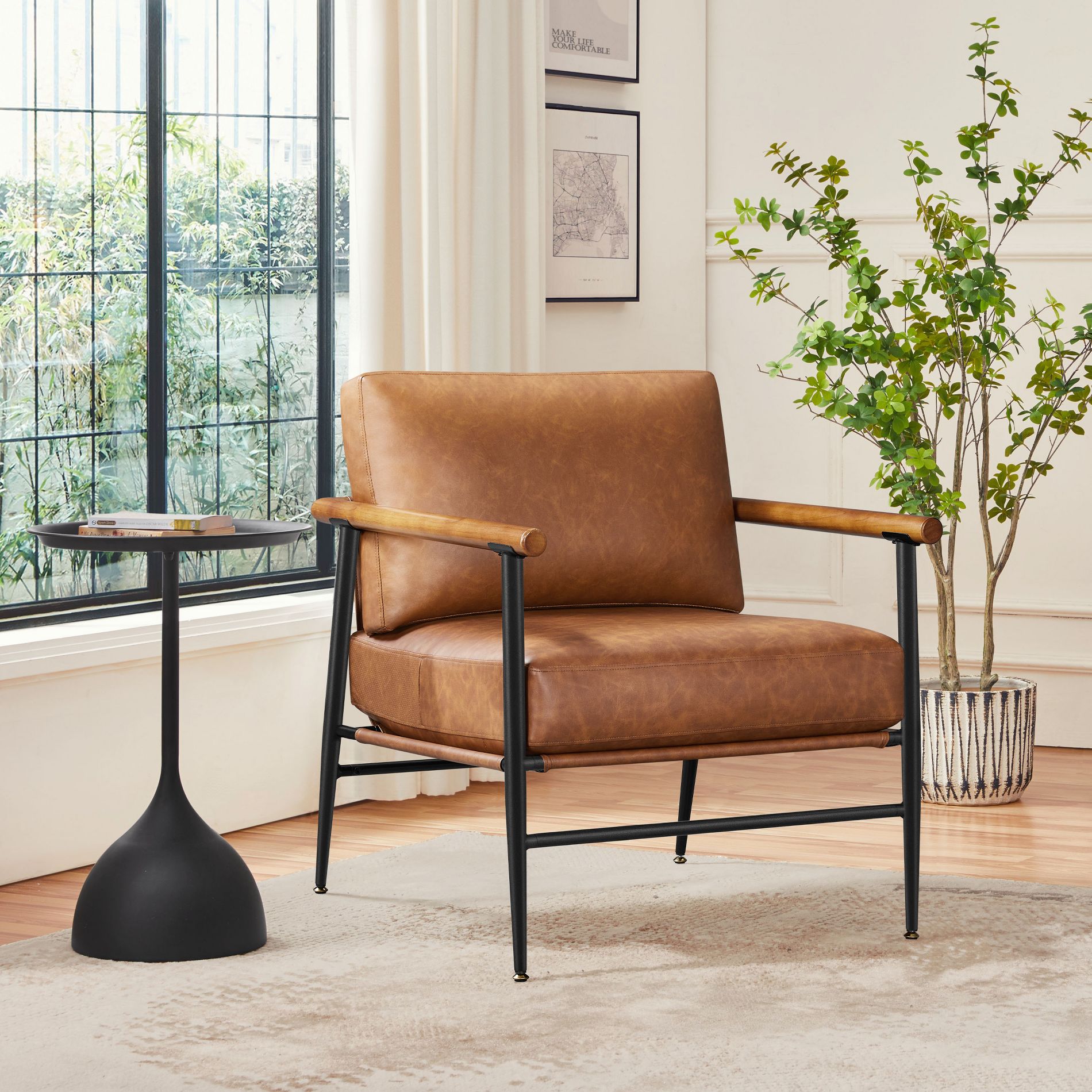 Yaheetech Mid-Century PU Leather Accent Chair, Metal Frame with Cushion & Pillow for Living Room Bedroom, Retro Brown