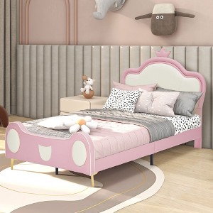 PAGED Upholstered Platform Bed Frame Princess Bed with Crown Headboard and Bed-End Storage Pocket for Kids, No Box Spring Needed - 1 of 4