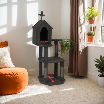 FURNIinspire Pet Tower Multi-Level Cat Tree Tower Halloween Cat House with Scratching Posts Hanging Toy, Cat Furniture, Black, 23.4"*23.4"*54.6"