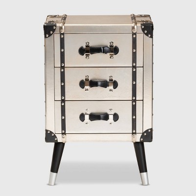 Vintage Industrial Antique Silver 3-Drawer Nightstand with Rivet Details