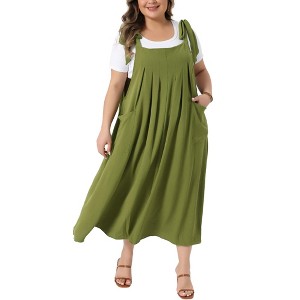 Women's Plus Size Tie Shoulder Strap Pleated Jumper Pinafore Casual Overall Dresses with Pockets - Agnes Orinda - 1 of 4