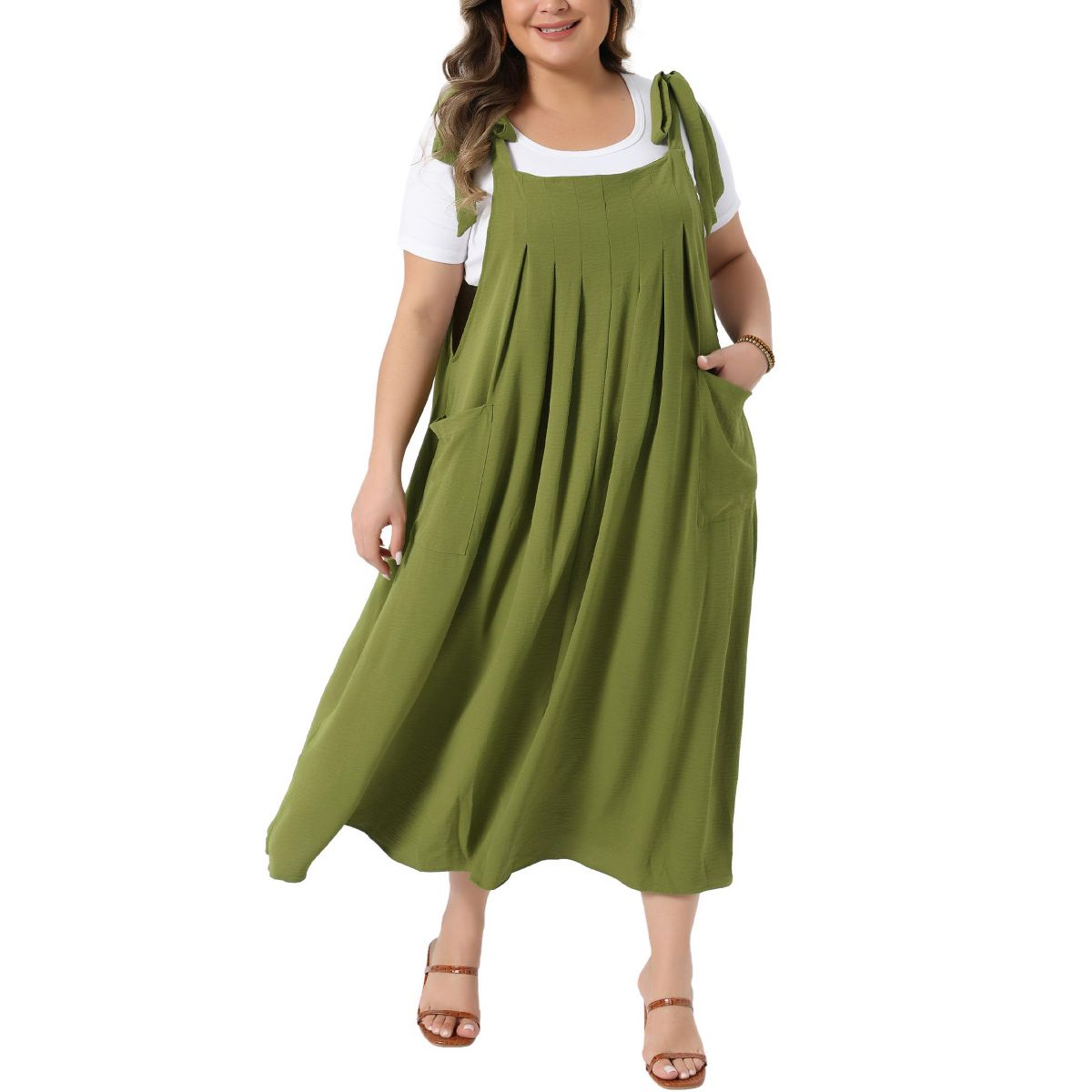 Women's Plus Size Tie Shoulder Strap Pleated Jumper Pinafore Casual Overall Dresses with Pockets - Agnes Orinda