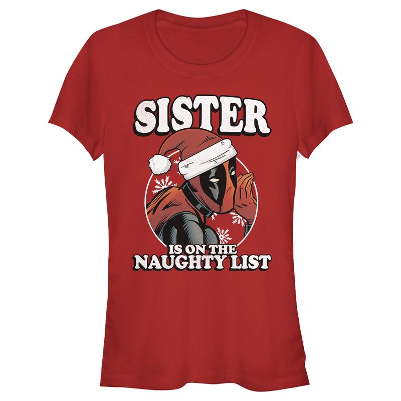 Juniors Womens Marvel Christmas Deadpool Sister on Naughty List T-Shirt, 1 of 4