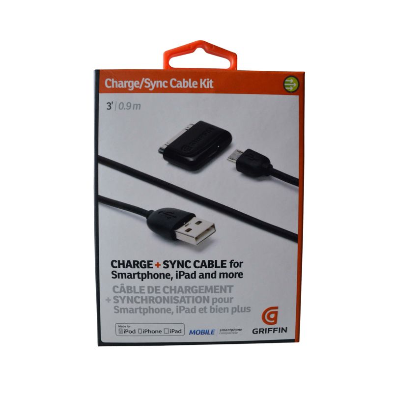 Griffin Charge/Sync Cable Kit for Micro USB Smartphones, iPhone, iPod, or iPad - Black, 1 of 2