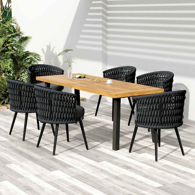 7 PCS Outdoor Dining Set with Acacia Wood Table, Dining Chair with Handwoven Rope and Backrest, Dining Chair with Metal Frame-Coolbibila