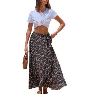 EXLURA Womens Floral Print High Waisted Wrap Long Maxi Skirts Ruffle Hem Self Tie Knot Summer Chiffon Midi Skirts 2025 - 1 of 4