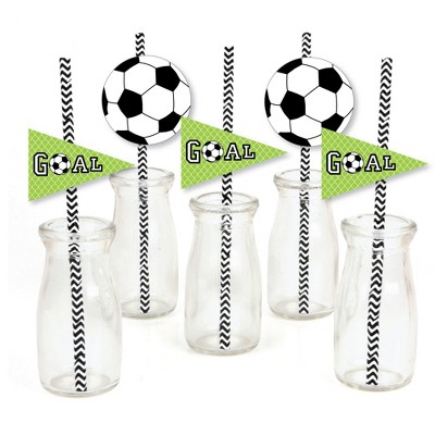 Big Dot of Happiness GOAAAL! - Soccer Paper Straw Decor - Baby Shower or Birthday Party Striped Decorative Straws - Set of 24