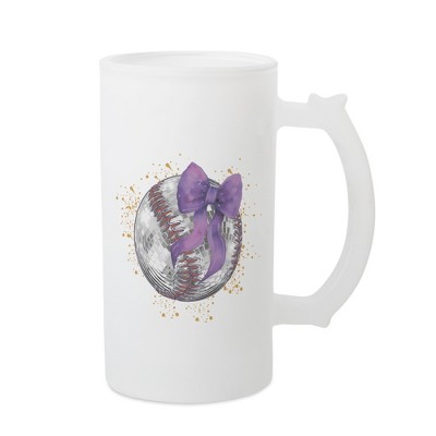 Elanze Designs Freezable Beer Stein Mug With Thumb Grip Handle, 16 Ounce Frosted Glass, Baseball With Purple Bow
