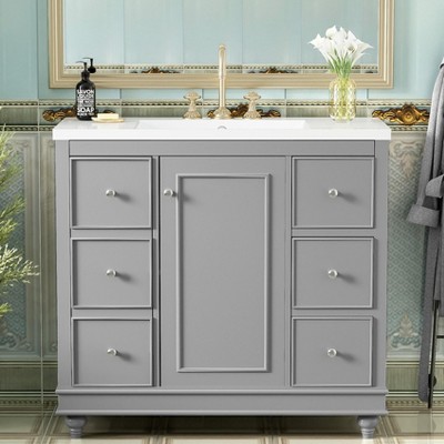 FAMYYT 36 in. Single Sink Freestanding Gray Bath Vanity with White Resin Top, Removable Divider