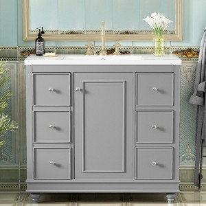 FAMYYT 36 in. Single Sink Freestanding Gray Bath Vanity with White Resin Top, Removable Divider - 1 of 4
