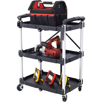 3 Tier Folding Utility Cart On Wheels, Heavy Duty Rolling Plastic Service Cart with Lockable Castors & Dual Handles, 150 Lb Capacity, for Home Garage