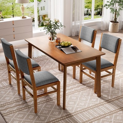 5 PCS Dining Set for 4, Mid-century Modern Dining Table Set with 4 Upholstered Dining Chairs, Brown+Gray - ModernLuxe