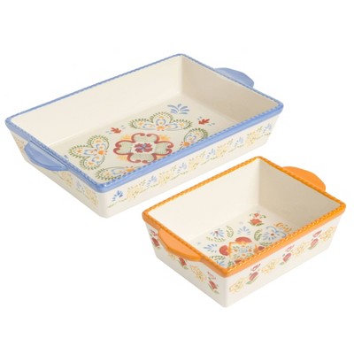 Laurie Gates 2pc Tierra Hand Painted 3.9qt and 1.6qt Stoneware Rectangular Bakeware Set