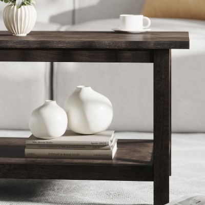 Dark Gray Solid Wood Farmhouse Coffee Table with Lower Shelf