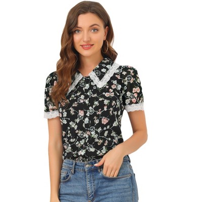 INSPIRE CHIC Women's Peter Pan Collar Lace Trim Embroidered Casual Floral Blouse