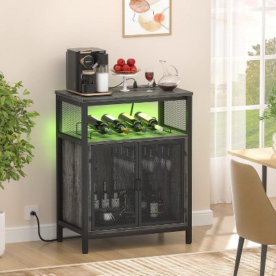 Aheaplus Freestanding Wine Bar Cabinet with Power Outlet and LED Light, Wine Rack Table with Glass Holder