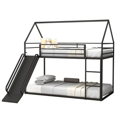 TopComfy Beds Kids Bunk Bed Frame Dual Access Design Ladder Slide House Shape Triangular Roof Sleeping Area Two for Bedroom, Black, 76.5"*41.3"*71"