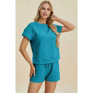 I AM A FASHION JUNKY Double Take Full Size Texture Short Sleeve Top and Shorts Set - 1 of 4