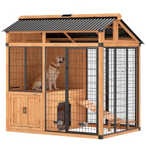 PawHut Extra Large Dog House, Wood Outdoor Dog Kennel with Platform, Storage Cabinet, Waterproof Roof, Stainless Steel Bowls for Large Breeds, Yellow - 1 of 4
