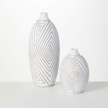 Sullivans Gold Brushed Mod Pattern Vases Set of 2, 17.25"H & 9"H White