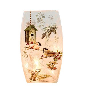 Stony Creek 8.0 Inch Winter Chickadees Pre-Lit Med Vase Christmas Lighted Glass Accent , Christmas Decor Chickadee Trees Pinecones (1PC) - 1 of 4