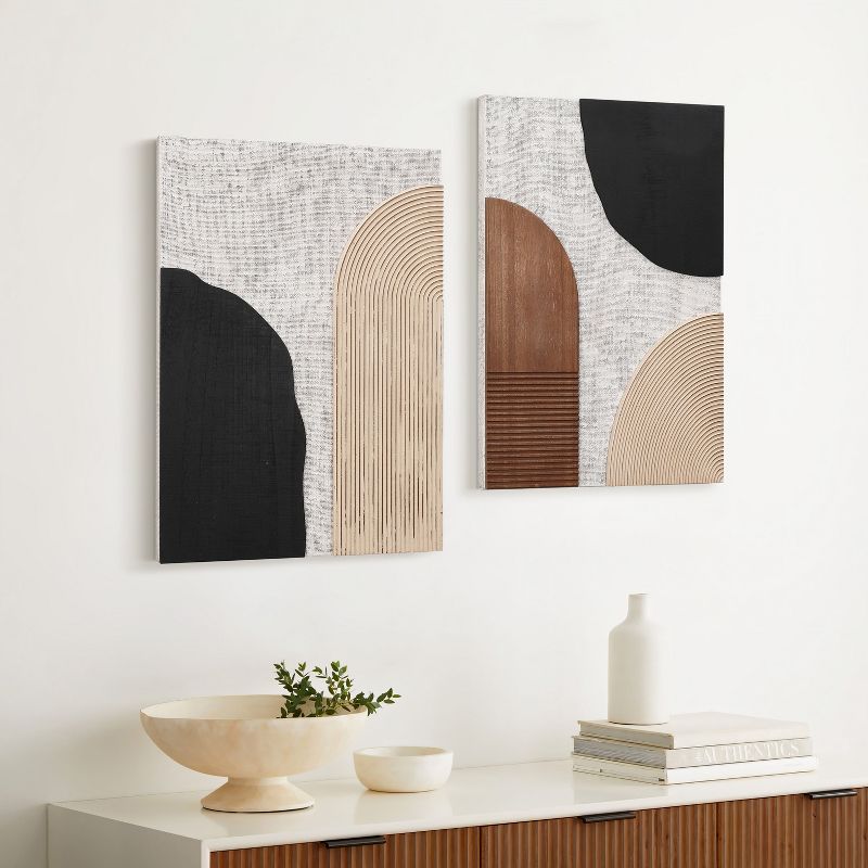 LuxenHome 2-Pc Earth Tone Abstract Rectangular Wood Wall Decor Set Multicolored, 1 of 8