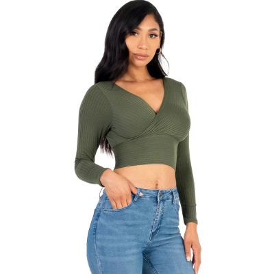 Slickblue Women's Long Sleeve Ribbed Wrap Top, V-Neck Fitted Knit Shirt, Color Options, Size S-L