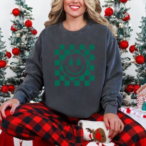 Simply Sage Market Women's Garment Dyed Graphic Sweatshirt Checkered Christmas Smiley - 1 of 4