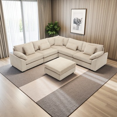 L-Shaped 6-Seater Sectional Sofa, Corduroy, Deep Seat, 7 Pillows