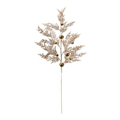 Gold and White Flocked Pine Spray with Sleigh Bells