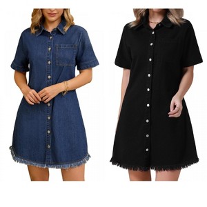 INSPIRE CHIC Women's Denim Button Front Frayed Hem Collared Short Sleeve Jean Shirt Dress 2 Packs - 1 of 4