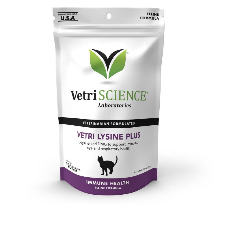 VetriScience Vetri Lysine Plus DMG Immune Support Treats for Cats and Kittens, Chicken Liver Flavor, 120 Bite Sized Chews, 1 of 4